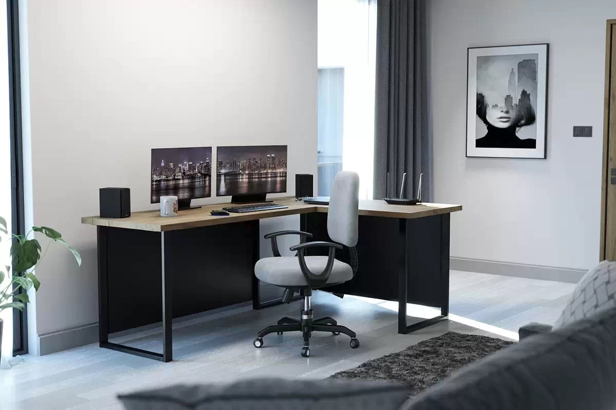 Rohový psací stůl Verin 200 cm na kovovém podstavci se zadní deskou, pravý - zlatý dub craft / černý psací stůl narozne Verin 200 cm na kovové podstavě z blendami prawe - Podstavec Dub craft / Černý