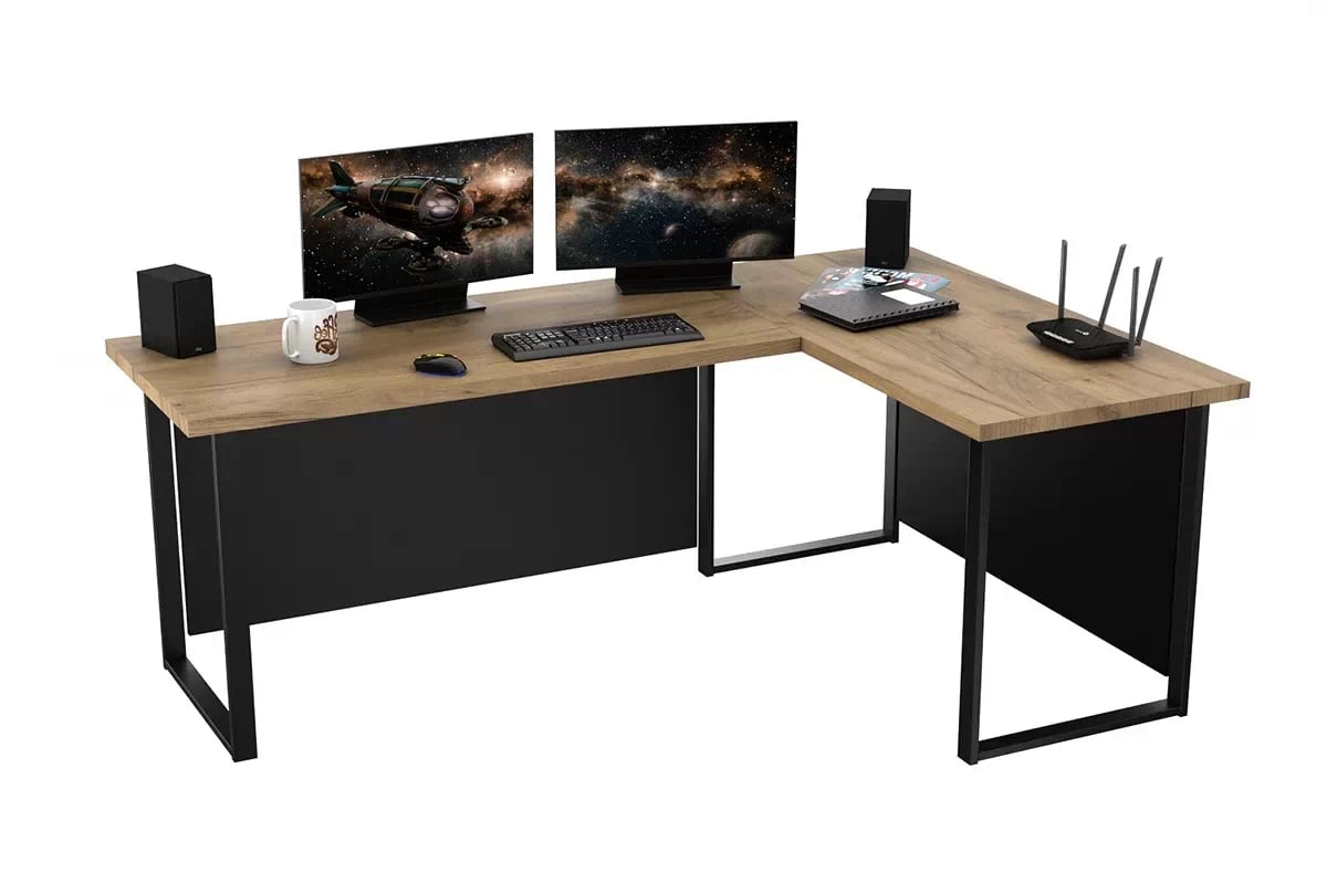 Rohový psací stůl Verin 200 cm na kovovém podstavci se zadní deskou, pravý - zlatý dub craft / černý psací stůl narozne Verin 200 cm na kovové podstavě z blendami prawe - Podstavec Dub craft / Černý