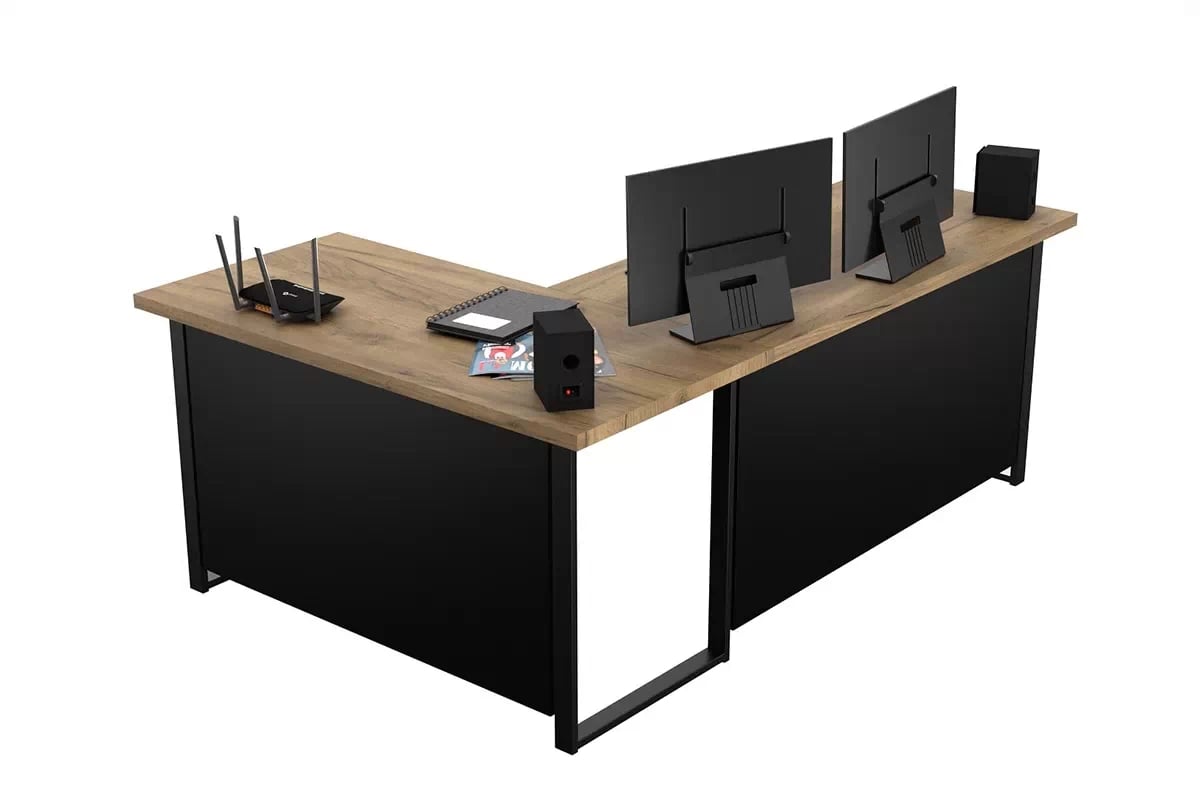 Rohový psací stůl Verin 200 cm na kovovém podstavci se zadní deskou, pravý - zlatý dub craft / černý psací stůl narozne Verin 200 cm na kovové podstavě z blendami prawe - Podstavec Dub craft / Černý