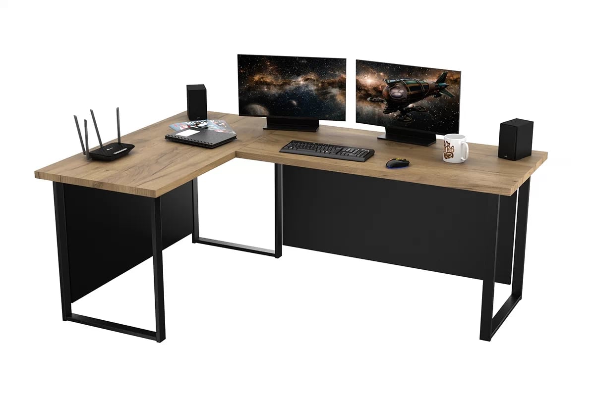 Rohový písací stôl Verin 160x110 cm ľavá so zadnou stenou - dub craft zlatý / čierna Písací stôl narozne Verin 200 cm na kovových nohách z blendami lewe - zlaté Dub craft / Čierny 