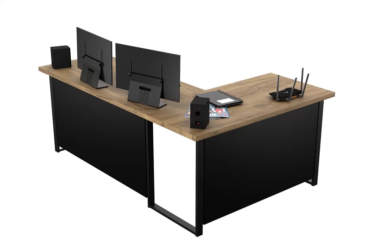 Rohový písací stôl Verin 160x110 cm ľavá so zadnou stenou - dub craft zlatý / čierna Písací stôl narozne Verin 200 cm na kovových nohách z blendami lewe - zlaté Dub craft / Čierny 