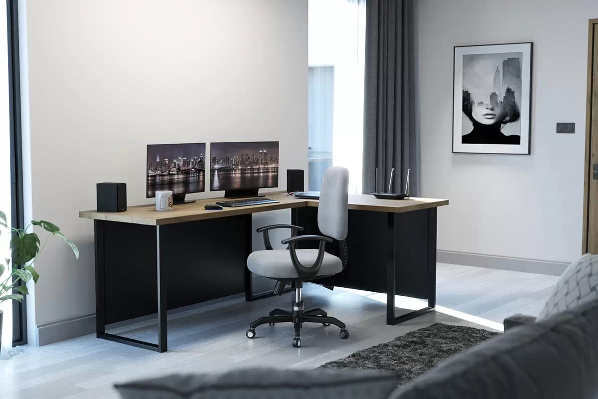 Rohový psací stůl Verin 160 cm na kovovém podstavci se zadní deskou, pravý - zlatý dub craft / černý psací stůl narozne Verin 200 cm na kovové podstavě z blendami prawe - Podstavec Dub craft / Černý