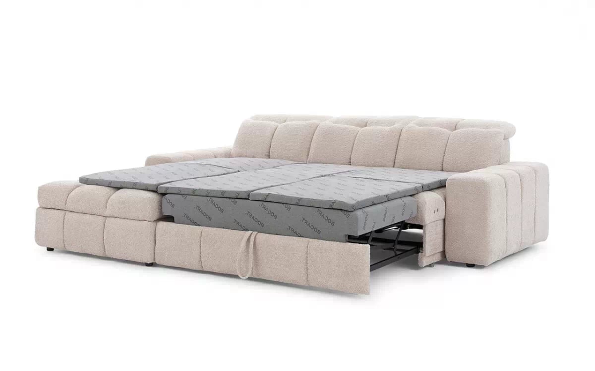 Elektrický rozkládací rohový gauč Magnelio Mini levý - béžová bouclé Catch Me 02 Rohová sedací souprava Strana levá z elektricky wysuwanym sedadlem i funkcja spaní Magnelio Mini - Béžová boucla Catch Me 02