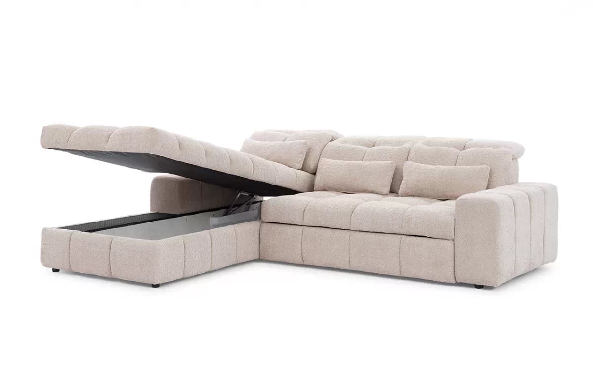 Elektrický rozkládací rohový gauč Magnelio Mini levý - béžová bouclé Catch Me 02 Rohová sedací souprava Strana levá z elektricky wysuwanym sedadlem i funkcja spaní Magnelio Mini - Béžová boucla Catch Me 02