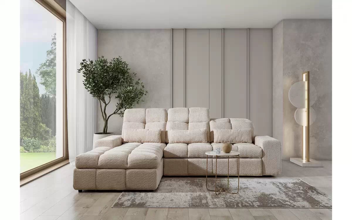 Elektrický rozkládací rohový gauč Magnelio Mini levý - béžová bouclé Catch Me 02 Rohová sedací souprava Strana levá z elektricky wysuwanym sedadlem i funkcja spaní Magnelio Mini - Béžová boucla Catch Me 02