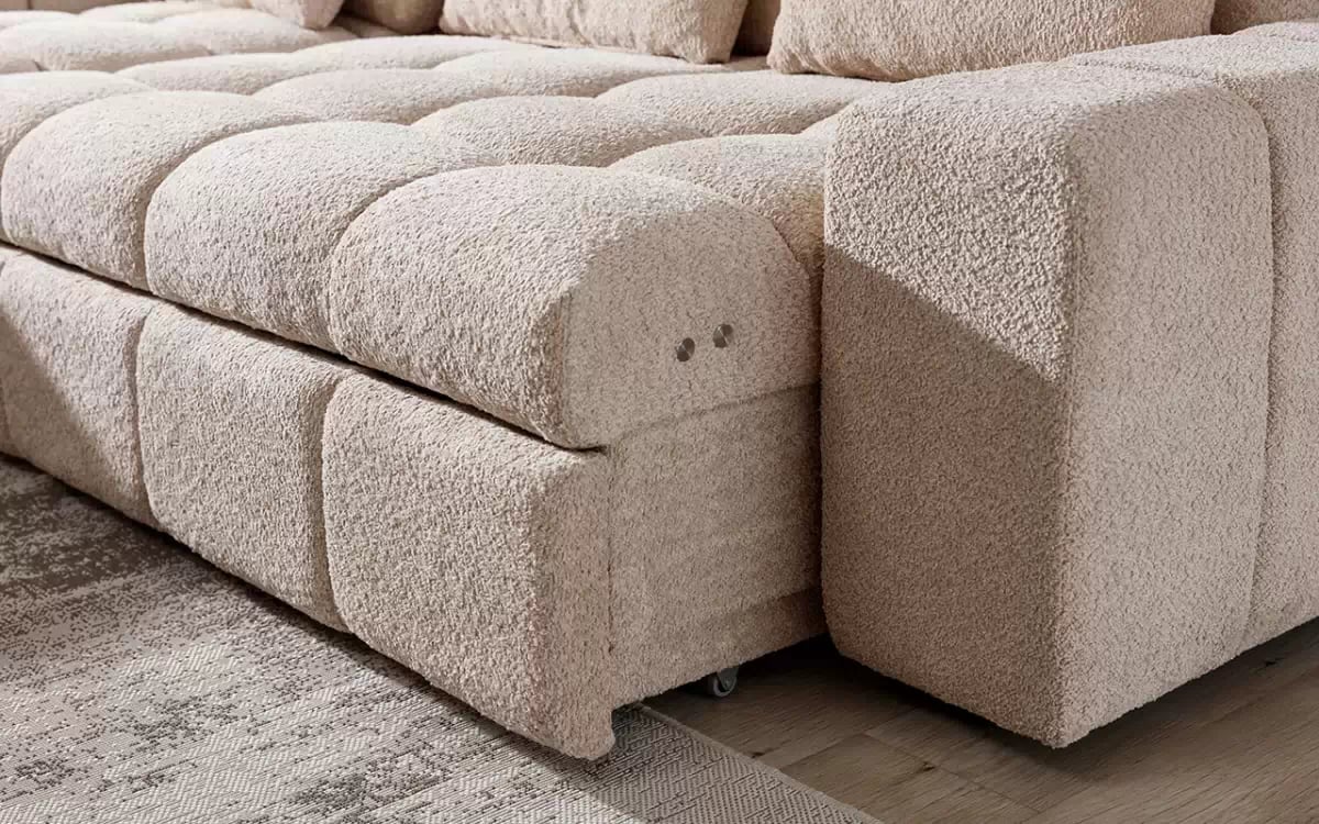 Elektrický rozkládací rohový gauč Magnelio Mini levý - béžová bouclé Catch Me 02 Rohová sedací souprava Strana levá z elektricky wysuwanym sedadlem i funkcja spaní Magnelio Mini - Béžová boucla Catch Me 02