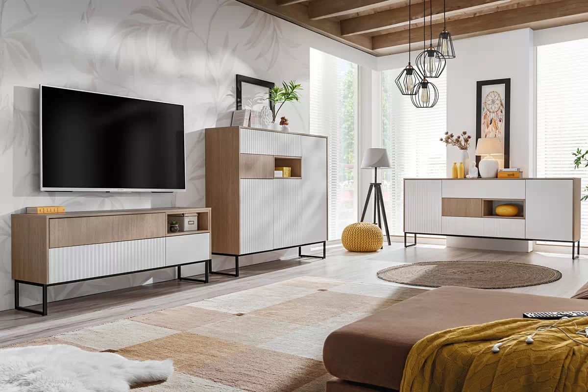 TV stolík Bliwon 148 cm so zásuvkami - jodeľka scandi / biely mat TV skrinka Bliwon F02 so zásuvkami 148 cm - jodelka scandi / biely mat