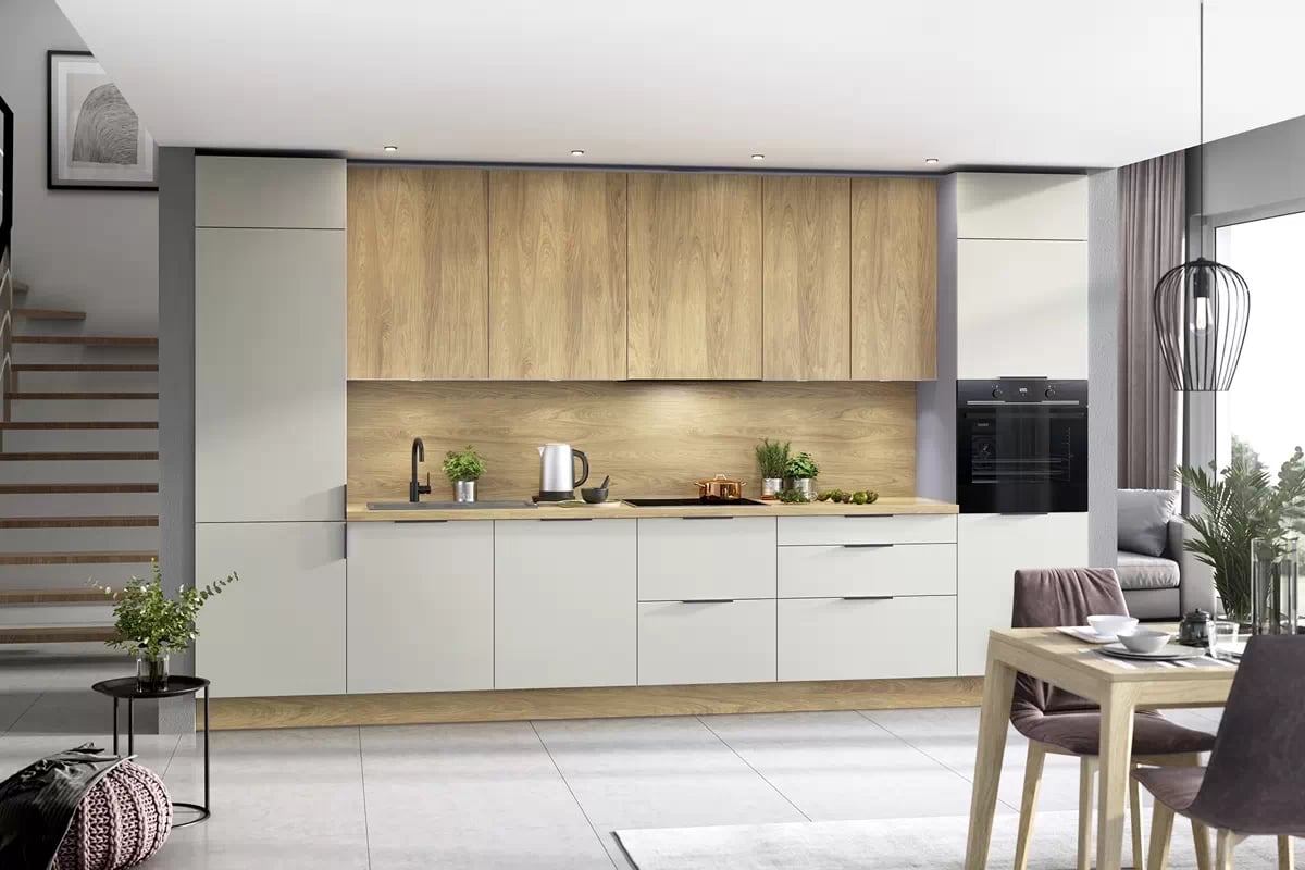 Bočný panel KAMMONO P2 k vysokým skrinkám - výška 147 cm kolekcia nábytku kuchynského Kammono - M4 brezee beige / P2 Dub hikora 