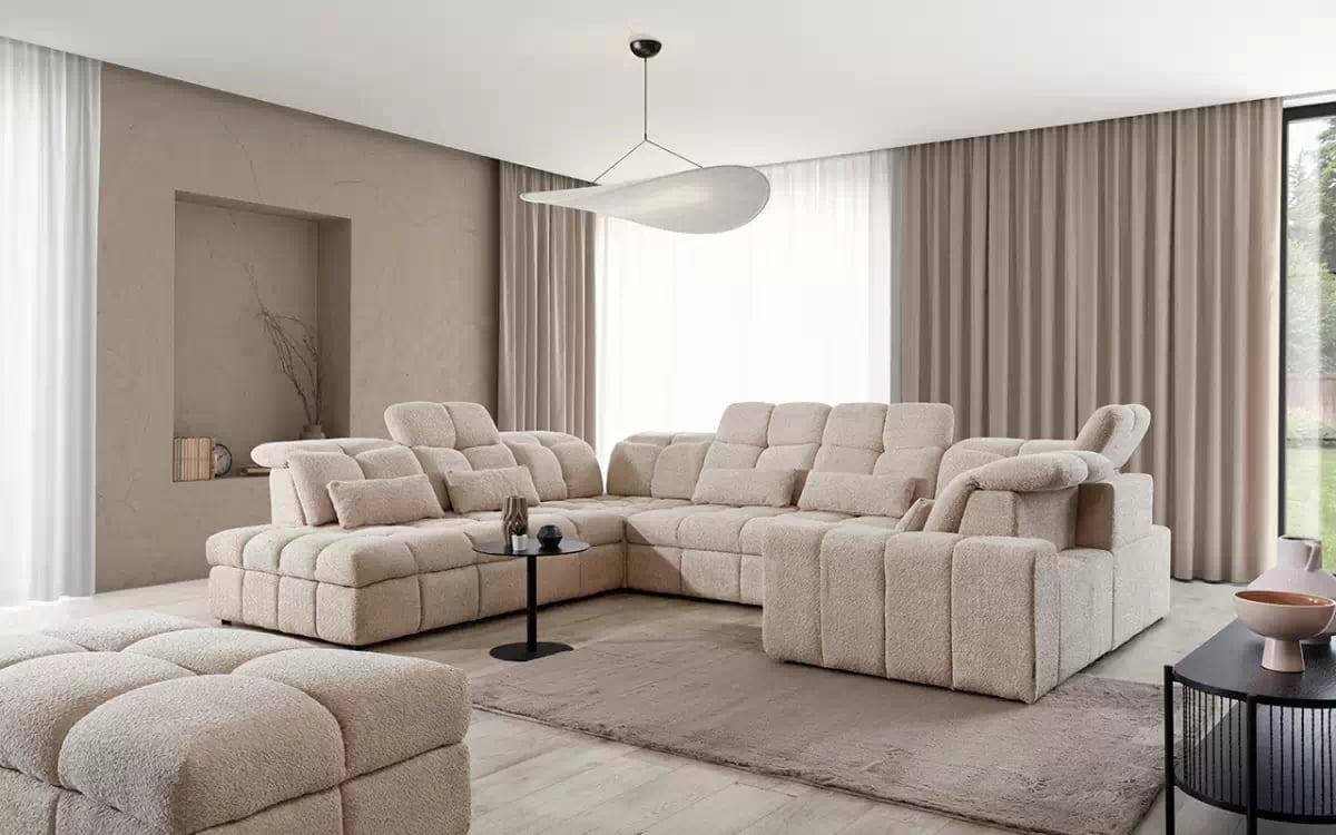 Rohová sedacia súprava Magnelio U ľavá elektrická s rozkladacou funkciou - béžová bouclé Catch Me 02 Rohová sedacia súprava Ľavá strana s elektricky výsuvným sedákem i i funkcja spania Magnelio U - Béžová boucle Catch Me 02