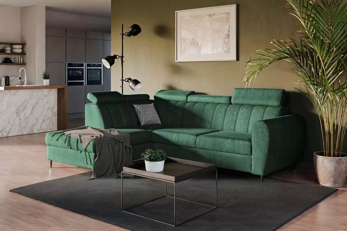 Rozkladacia rohová sedacia súprava Celias L ľavá - zelený zamat Kronos 19 Rohová sedacia súprava Ľavá strana s funkciou spania Celias L - Zelený zamat Kronos 19