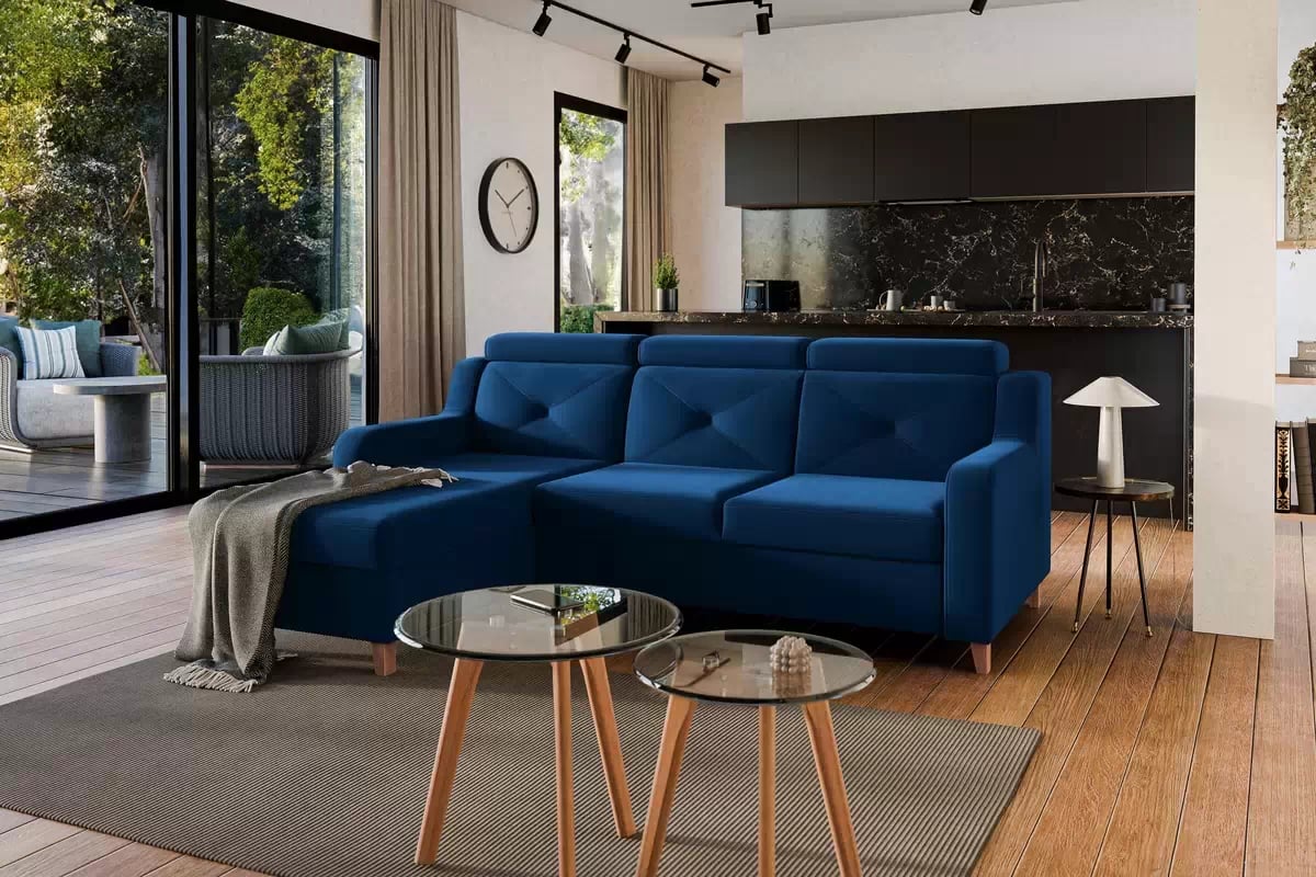 Rohová sedačka Laksaro s rozkladom ľavostranná - modrý zamat Trinity 31 Rohová sedacia súprava Ľavá strana s funkciou spania Laksaro - Modrý zamat Trinity 31