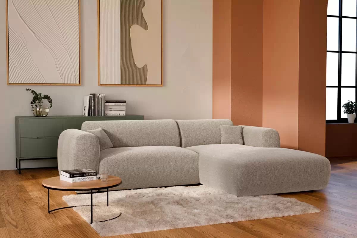 Rohová sedací souprava Zastia pravá - béžová látka Crown 2 Rohová sedací souprava pravá strana do obývacího pokoje Zastia - béžová plecionka Crown 2