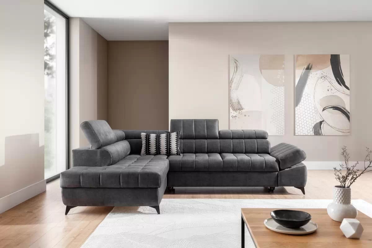 Rozkladacia rohová sedacia súprava Valoris L ľavá - grafitový vodoodpudivý zamat Zetta 305 Rohová sedacia súprava Ľavá strana Valoris L s funkciou spania - Grafitový zamat hydrofobowy Zetta 305