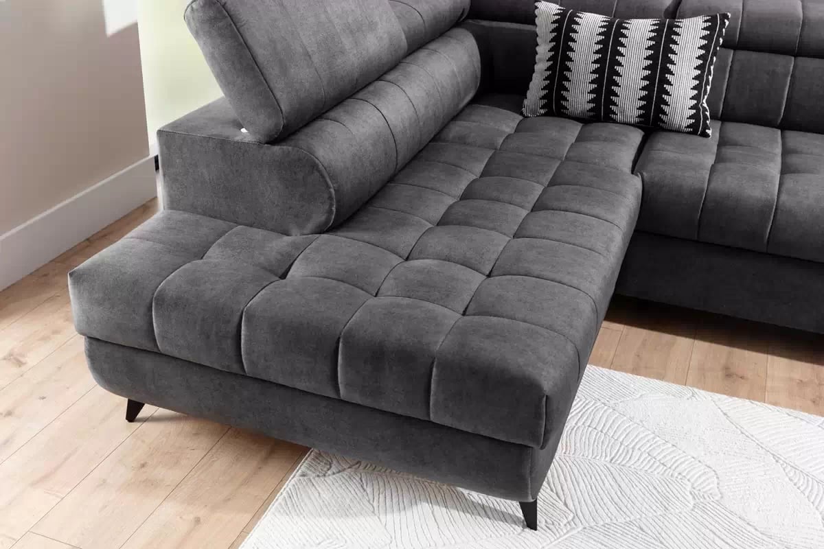 Rozkladacia rohová sedacia súprava Valoris L ľavá - grafitový vodoodpudivý zamat Zetta 305 Rohová sedacia súprava Ľavá strana Valoris L s funkciou spania - Grafitový zamat hydrofobowy Zetta 305