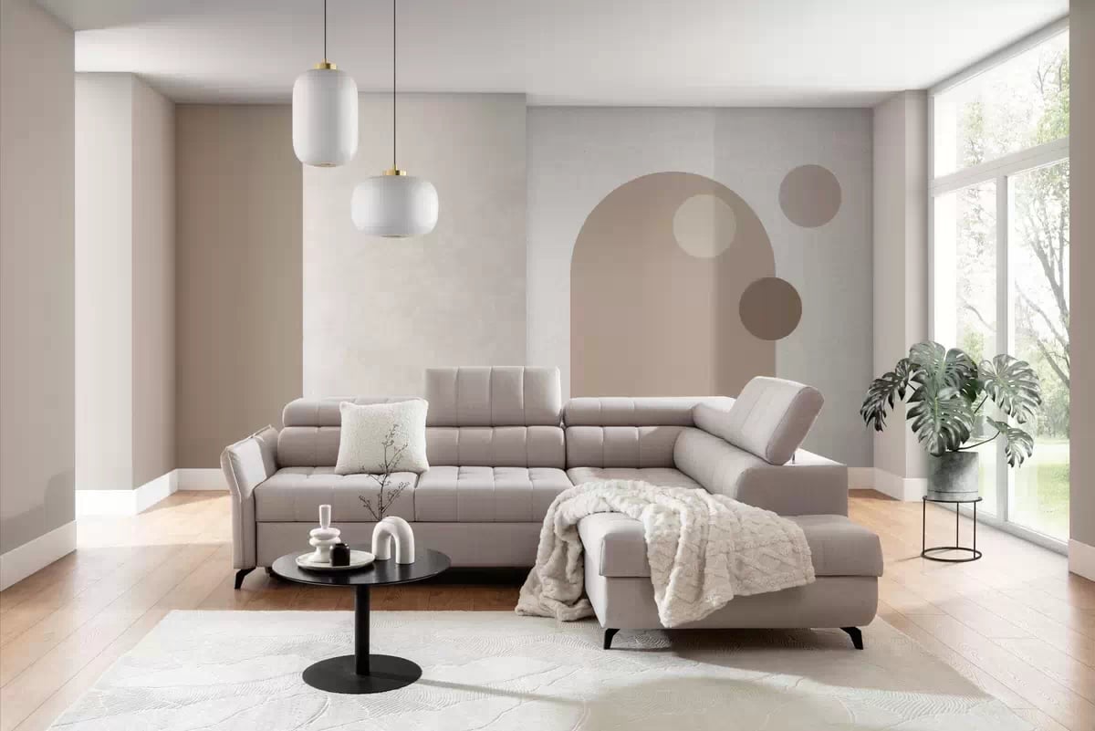 Rozkládací rohová sedací souprava Elarias L pravá - béžová látka Maya 01 Rohová sedací souprava pravá rozkládací Elarias L - béžová potahová látka Maya 01