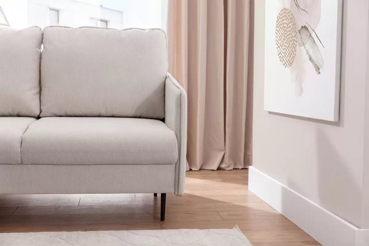 Rozkládací rohová sedací souprava Taila Mini levá - béžová Loft 01 / černé nožky Rohová sedací souprava rozkládací Taila Mini levá - béžová plecionka Loft 01, černá Nohy