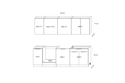 Kuchynská linka Ilandia 240cm s čiernym digestorom - biely mat Komplet nábytku kuchynského Ilandia 240cm z čiernym okapem - biely mat