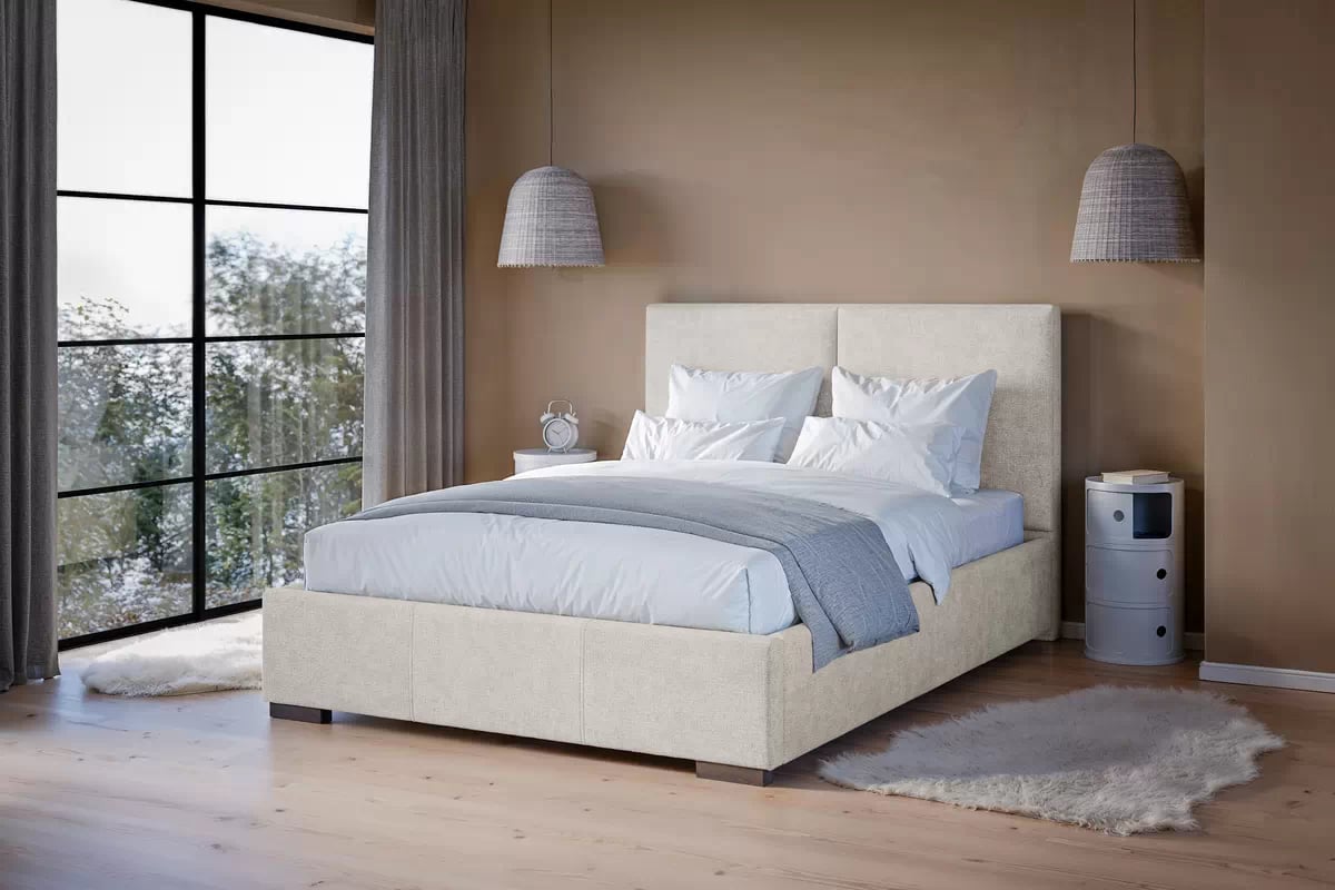 Čalouněná postel Lektis 180x200 s roštem a úložným prostorem - béžová látka Maya 03 / nohy wenge Postel čalouněné Lektis 180x200 ze stelazem a úložným prostorem - béžová potahová látka snadno čistitelný Maya 03 / Nohy dřevěná wenge