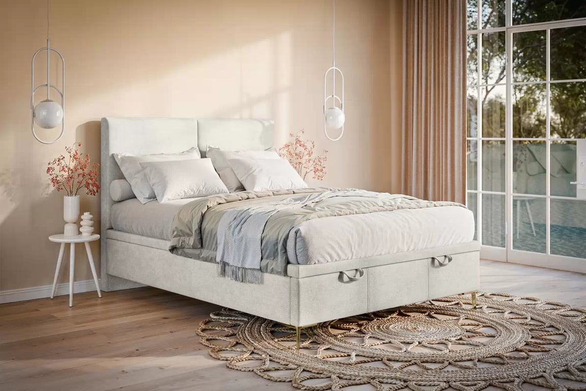 Čalouněná boxspring postel Lektis 160x200 s úložným prostorem - zlaté kovové nohy  Postel boxspring Lektis 160x200 s úložným prostorem- Nohy kovové zlaté