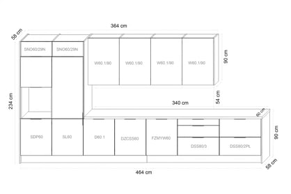 Kuchyňská linka Kammono 460 cm - K2 zlatý dub / P4 černý mat Komplet nábytku kuchennych Kammono 460cm - K2 dub zlatá / P4 černá mat