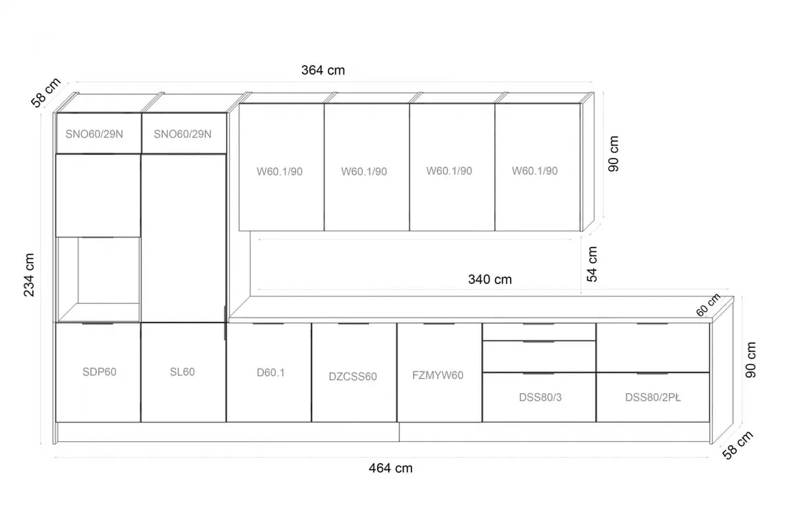 Kuchyňská linka Kammono 460 cm - K2 zlatý dub / P4 černý mat Komplet nábytku kuchennych Kammono 460cm - K2 dub zlatá / P4 černá mat