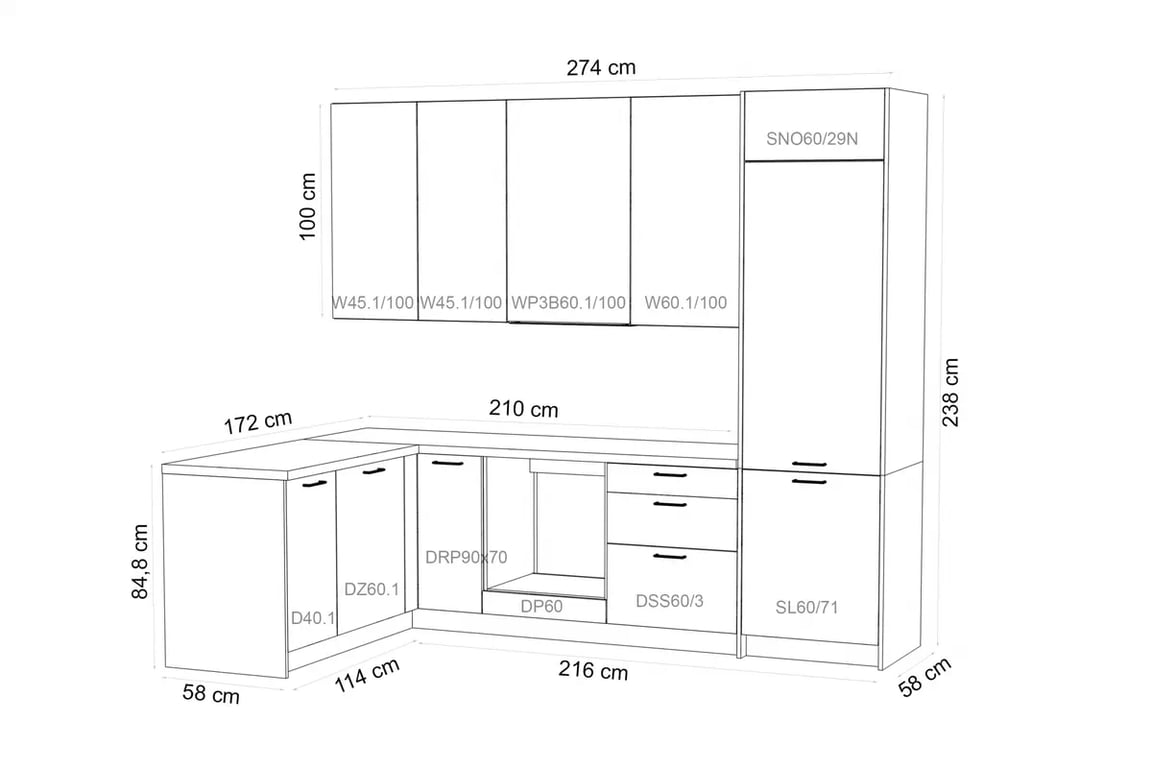 Kuchyňská linka Kammono M4 170x270 cm - ice grey Komplet nábytku kuchennych Kammono M4 170x270cm - ice grey