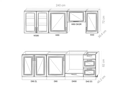 Komplet nábytku kuchennych Natalia 240cm z DK60 - šedá mat Komplet nábytku kuchennych Natalia 240cm z DK60 - šedá mat