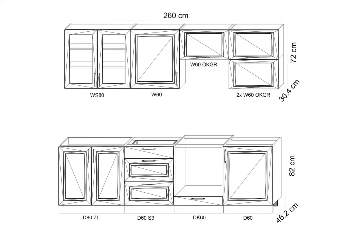 Kuchyňská sestava Natalia 260 cm s DK60 - šedý mat Komplet nábytku kuchennych Natalia 260cm z DK60 - šedá mat