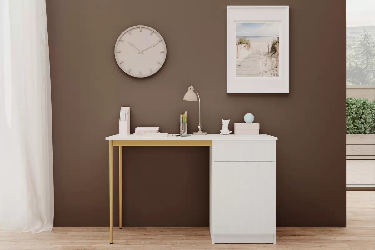 Písací stôl Nicole 120 cm so zásuvkou – biely mat / zlatá Písací stôl Nicole 120 cm z szuflada - biely mat / zlote nozki
