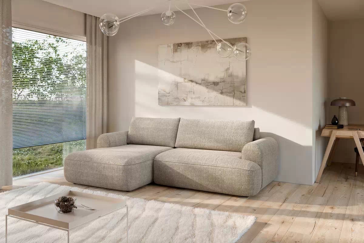 Rozkladacia rohová sedacia súprava Lotulis Mini ľavá - béžová žinylka Cremona 14 Rohová sedacia súprava s funkciou spánku Lotulis Mini Ľavá strana - béžový šenil Cremona 14 