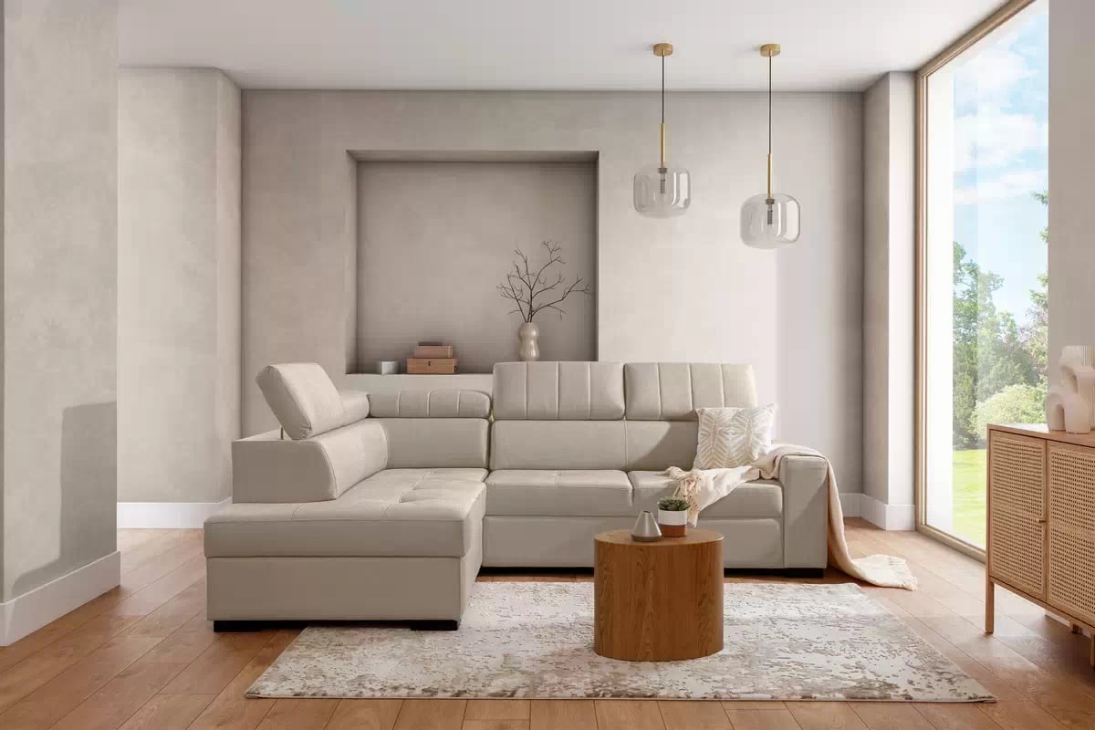 Rozkladacia rohová sedacia súprava Modeno L ľavá - krémová pletenina Ado 1601 Rohová sedacia súprava s funkciou spánku Modeno L Ľavá strana - kremowa plecionka Ado 1601