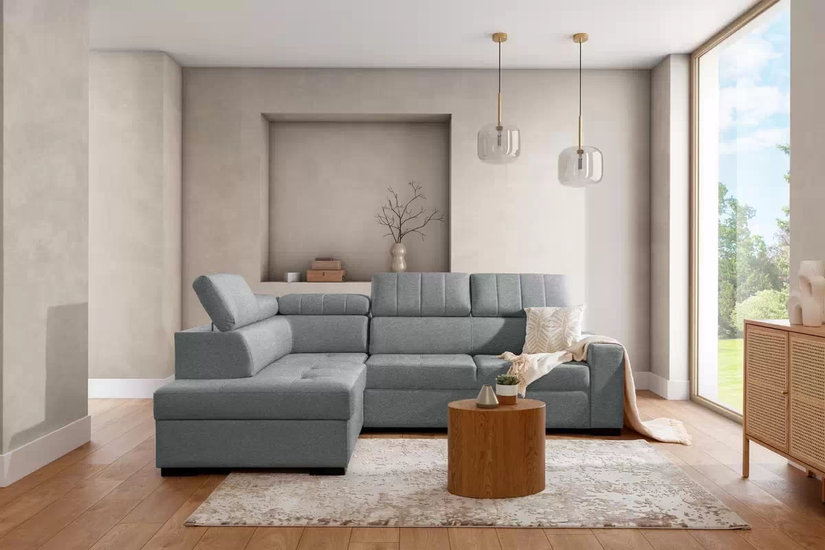 Rozkladacia rohová sedacia súprava Modeno L ľavá - sivá pletenina Ado 1615 Rohová sedacia súprava s funkciou spánku Modeno L Ľavá strana - šedá plecionka Ado 1615