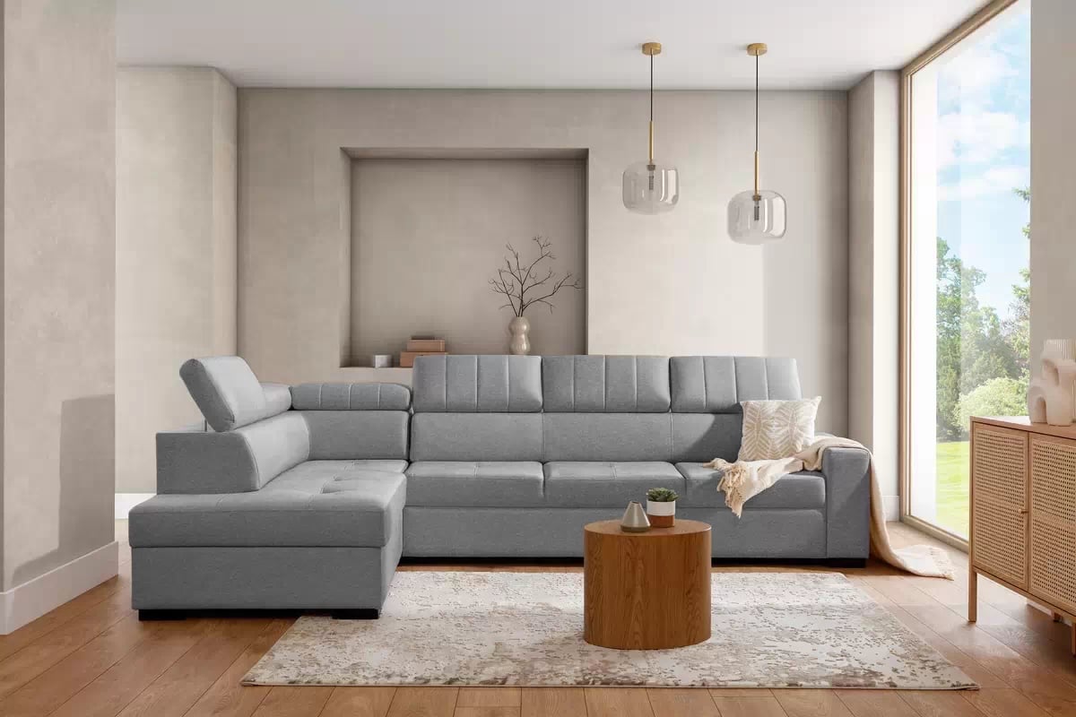 Rozkladacia rohová sedacia súprava Modeno Maxi ľavá - šedá pletenina Ado 1615  Rohová sedacia súprava s funkciou spánku Modeno Maxi Ľavá strana - šedá plecionka Ado 1615