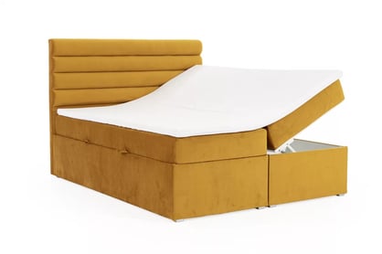 Boxspring posteľ s úložným priestorom Riminis 160x200 - horčicová velúr Evita 12 - Koncovka Série  Boxspring posteľ s úložným priestorom Riminis 160x200 - horčicová velúr Evita 12