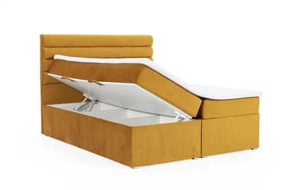 Boxspring posteľ s úložným priestorom Riminis 160x200 - horčicová velúr Evita 12 - Koncovka Série  Boxspring posteľ s úložným priestorom Riminis 160x200 - horčicová velúr Evita 12