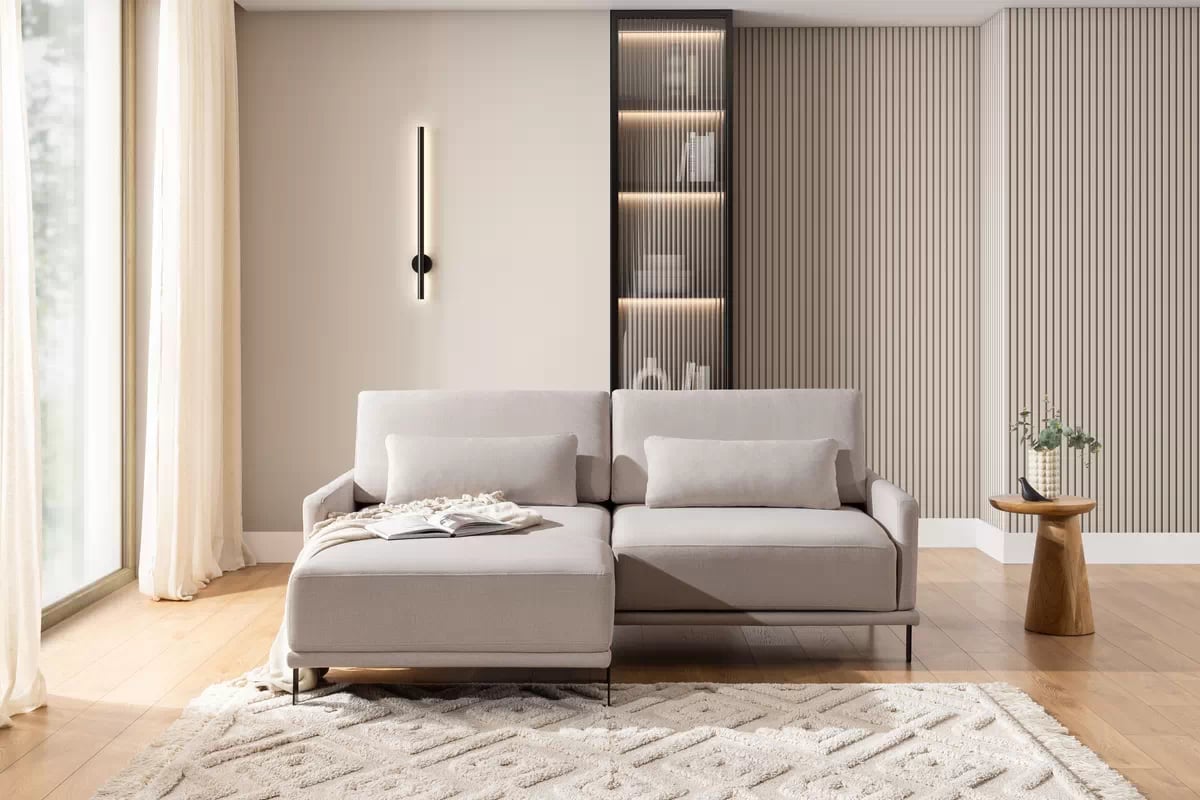 Sedacia súprava Meloria - pohovka a taburetka - béžová látka Maya 01 Komplet nábytku wypoczynkowych do obývacej izby Meloria - Pohovka i Taburet - Béžová látka ľahkočistiaca Maya 01