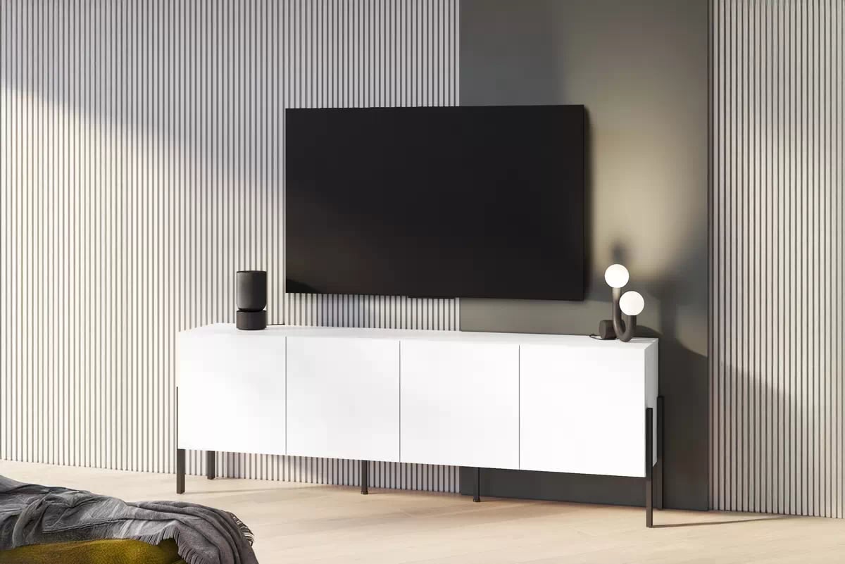 TV skrinka Jukon 204 cm - Biely supermat / čierny nožičky - Výpredaj expozície TV skrinka Wezilo 204 cm - Biely supermat / čierny nožičky - Výpredaj expozície