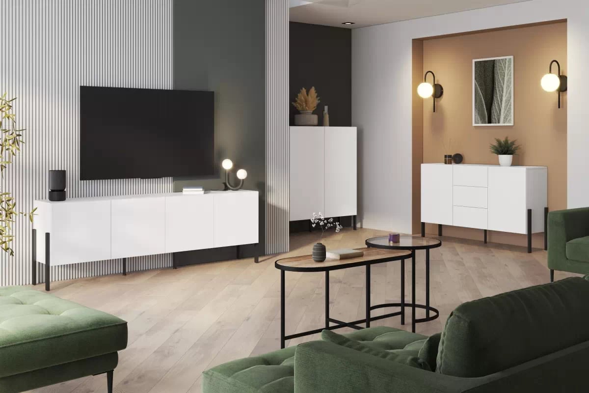 TV skrinka Jukon 204 cm - Biely supermat / čierny nožičky - Výpredaj expozície TV skrinka Wezilo 204 cm - Biely supermat / čierny nožičky - Výpredaj expozície