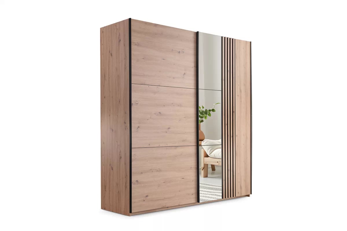 Šatníková skriňa Sintra 250 cm s posuvnými dverami a zrkadlom - dub artisan / čierna Skriňa z zrkadlom Jonari 250 cm s posuvnými dverami z lamelami - Dub artisan / Čierny  