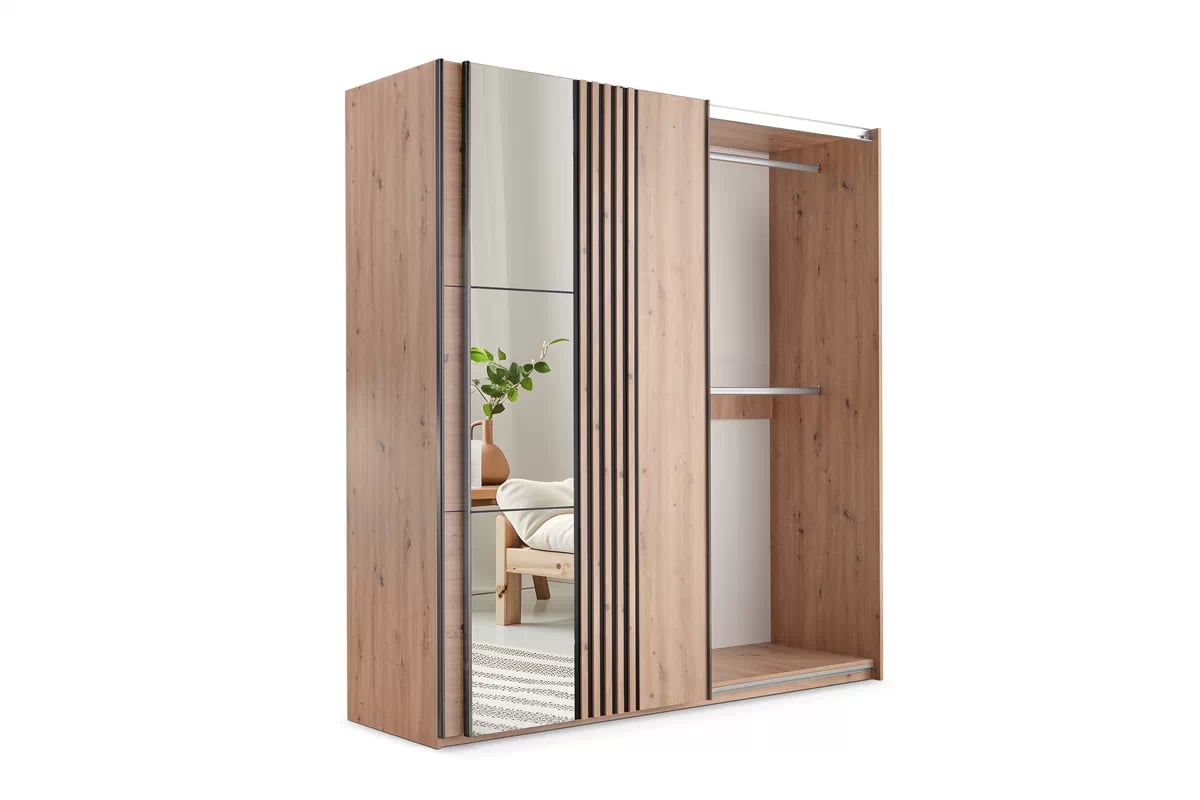 Šatníková skriňa Sintra 250 cm s posuvnými dverami a zrkadlom - dub artisan / čierna Skriňa z zrkadlom Jonari 250 cm s posuvnými dverami z lamelami - Dub artisan / Čierny  