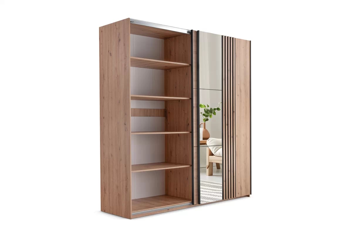 Šatníková skriňa Sintra 250 cm s posuvnými dverami a zrkadlom - dub artisan / čierna Skriňa z zrkadlom Jonari 250 cm s posuvnými dverami z lamelami - Dub artisan / Čierny  