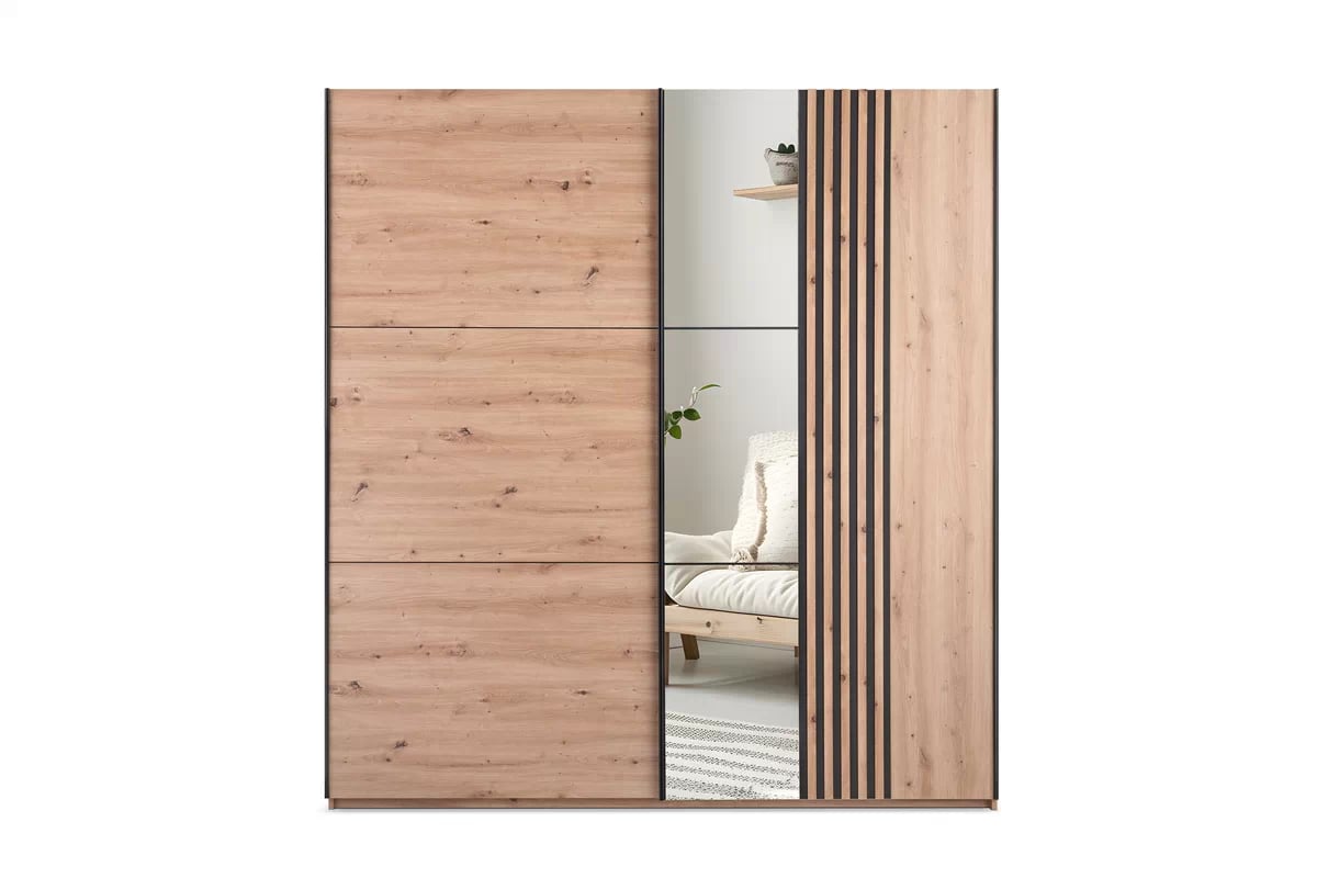 Šatníková skriňa Sintra 250 cm s posuvnými dverami a zrkadlom - dub artisan / čierna Skriňa z zrkadlom Jonari 250 cm s posuvnými dverami z lamelami - Dub artisan / Čierny  