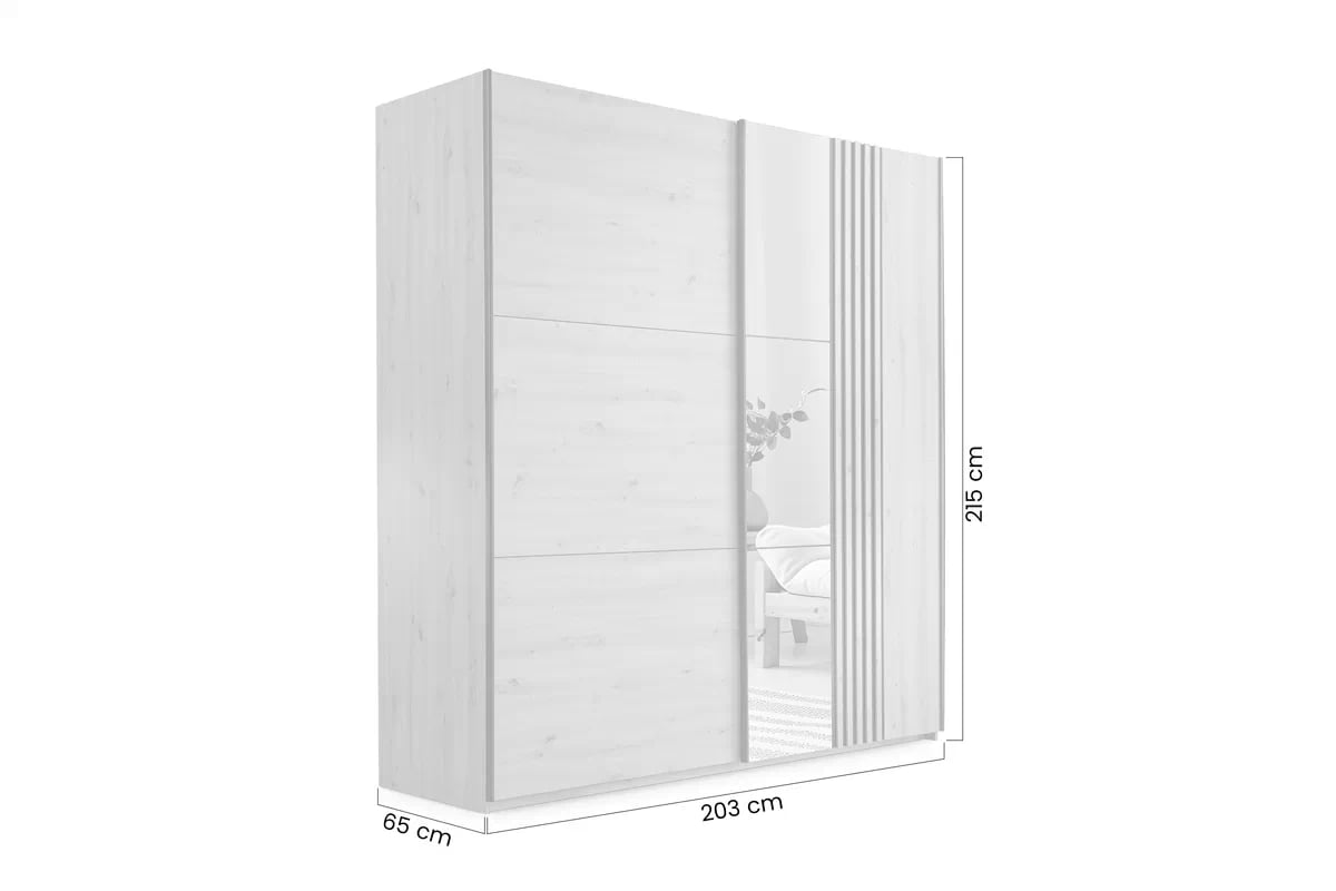 Skříň s posuvnými dveřmi Sintra 203 cm se zrcadlem - dub wotan / bílá skříň z zrcadlem Jonari 203 cm przesuwna z lamelami - dub wotan / bílá 