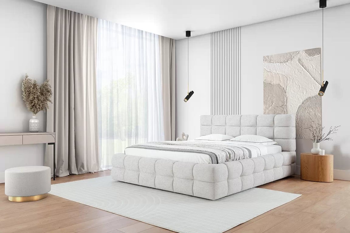 Postel pro ložnice Magnelio 180x200 s úložným prostorem- béžová boucle Raven 22 Postel pro ložnice Magnelio 180x200 s úložným prostorem- béžová boucle Raven 22