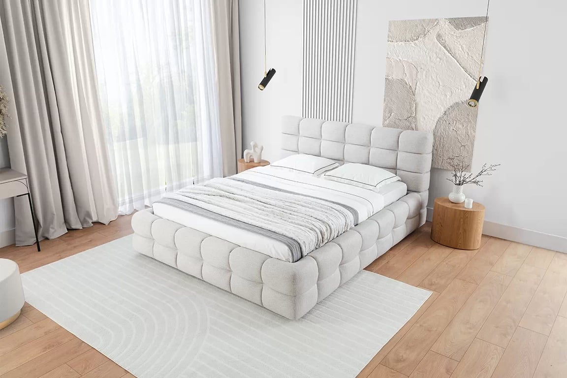Čalouněná postel Magnelio 160x200 s úložným prostorem - béžová snadno čistitelná látka Leo 03 Postel pro ložnice Magnelio 160x200 s úložným prostorem- béžová potahová látka snadno čistitelný Leo 03