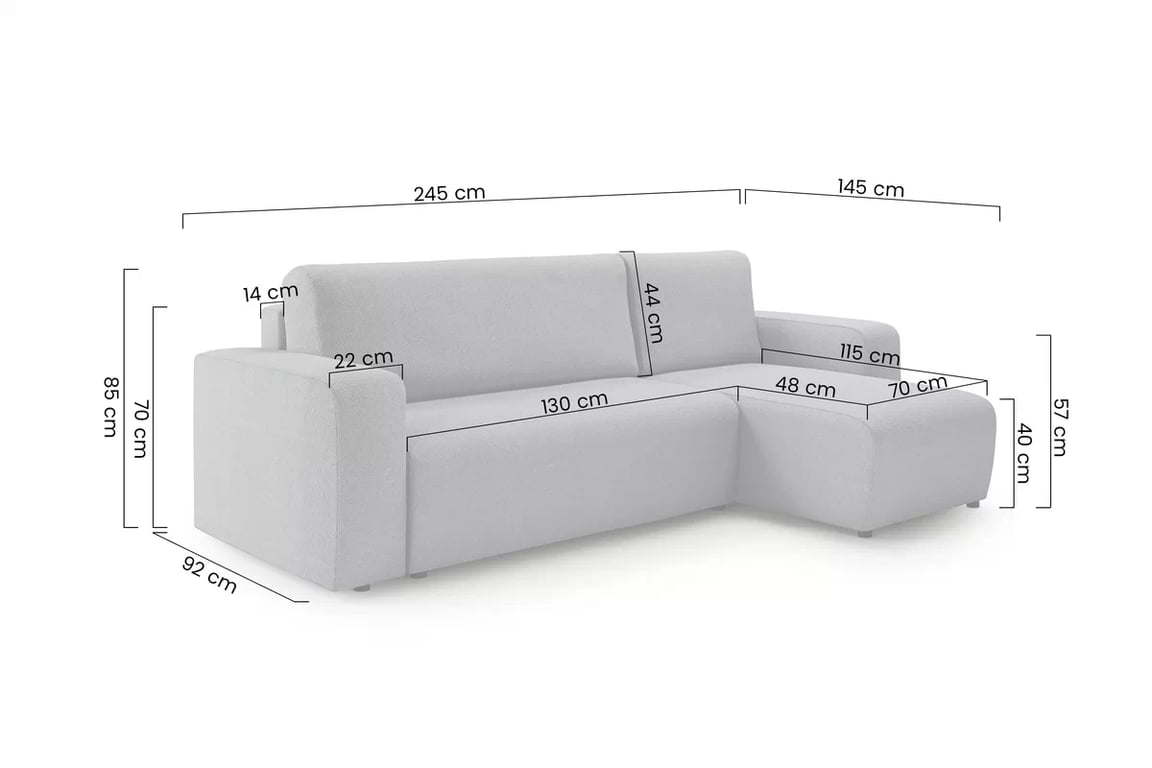 Rozkládací rohová sedací souprava Avia Mini univerzální - šedá bouclé Gerra 70 Rohová sedací souprava Avia Mini rozkládací uniwersalny prawo/levá - šedá boucle Gerra 70