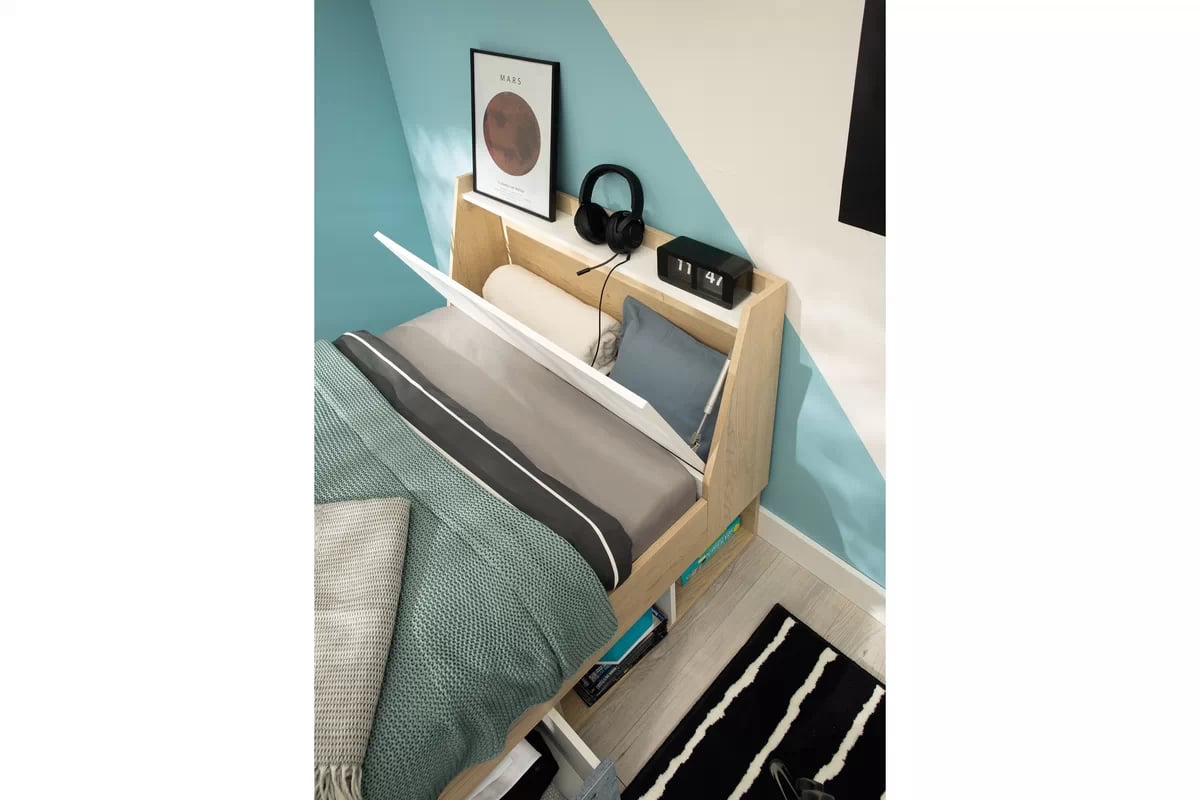 Detská posteľ Step ST11 90x200 s úložným priestorom - dub piškótový / biely lux / betón Posteľ mlodziezowe Step ST11 90x200 so zásuvkami a úložným priestorom - Dub biszkoptowy / Biely lux / beton