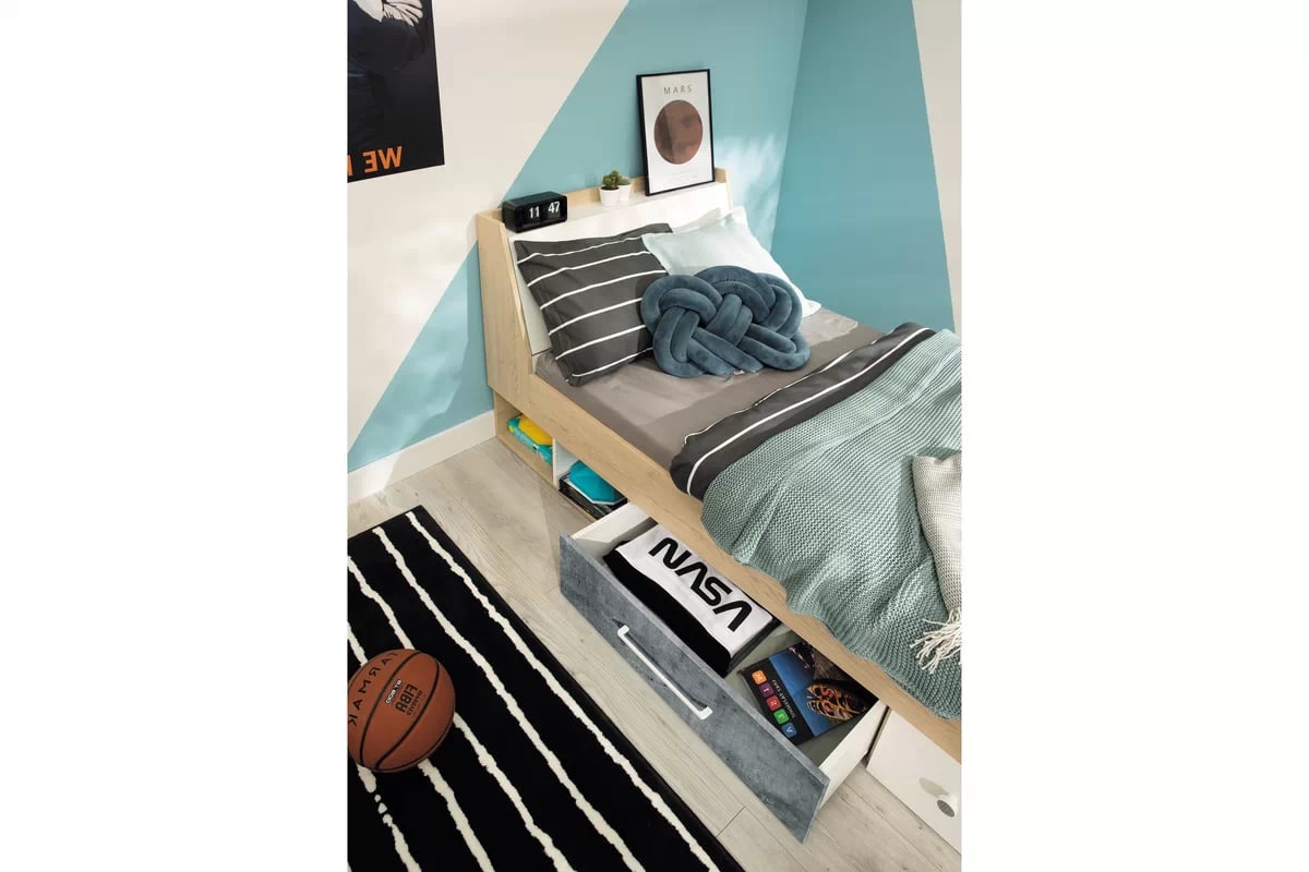 Detská posteľ Step ST11 90x200 s úložným priestorom - dub piškótový / biely lux / betón Posteľ mlodziezowe Step ST11 90x200 so zásuvkami a úložným priestorom - Dub biszkoptowy / Biely lux / beton