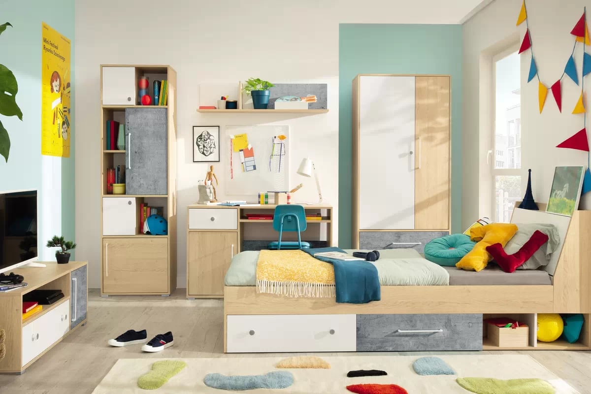 Detská posteľ Step ST11 90x200 s úložným priestorom - dub piškótový / biely lux / betón Posteľ mlodziezowe Step ST11 90x200 so zásuvkami a úložným priestorom - Dub biszkoptowy / Biely lux / beton