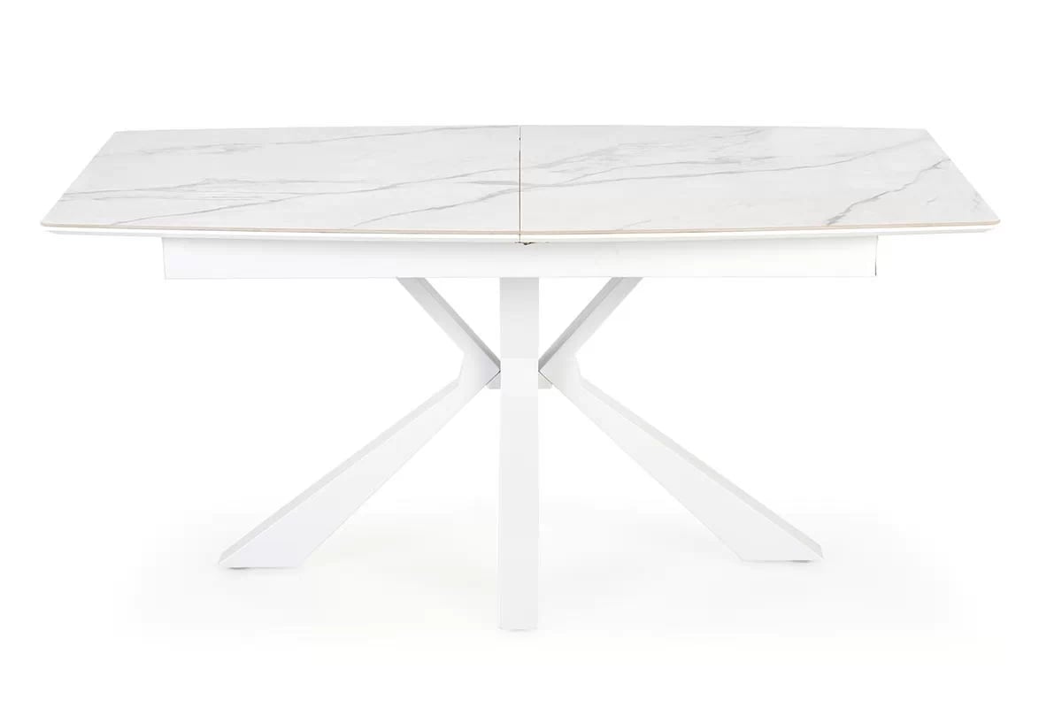 Rozkladací jedálenský stôl Nolvari a 4 stoličky Nerio - biely mramor / béžová / biele nohy Stôl rozkladany Nolvari z czterema tapicerowanymi krzeslami Nerio - Biely mramor / Béžová / nožičky biale